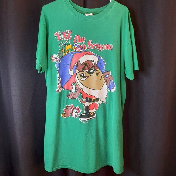 Vintage 90s Looney Tunes Women's Long Sleep Shirt OSFA Christmas Taz the Season - Picture 1 of 8